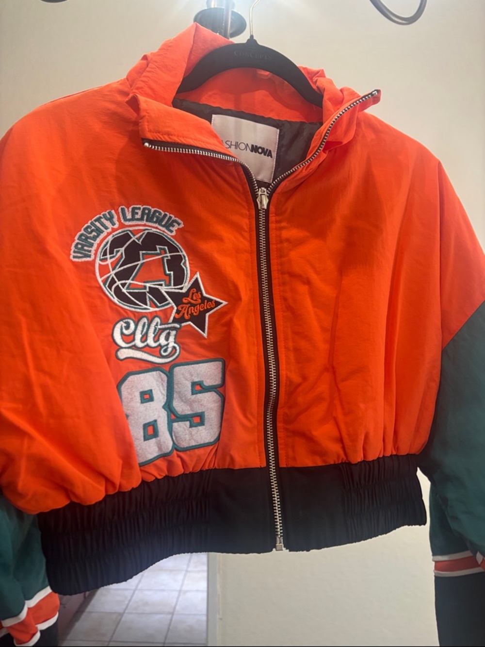 Fashion Nova Orange & Green Varsity Puffer Jacket